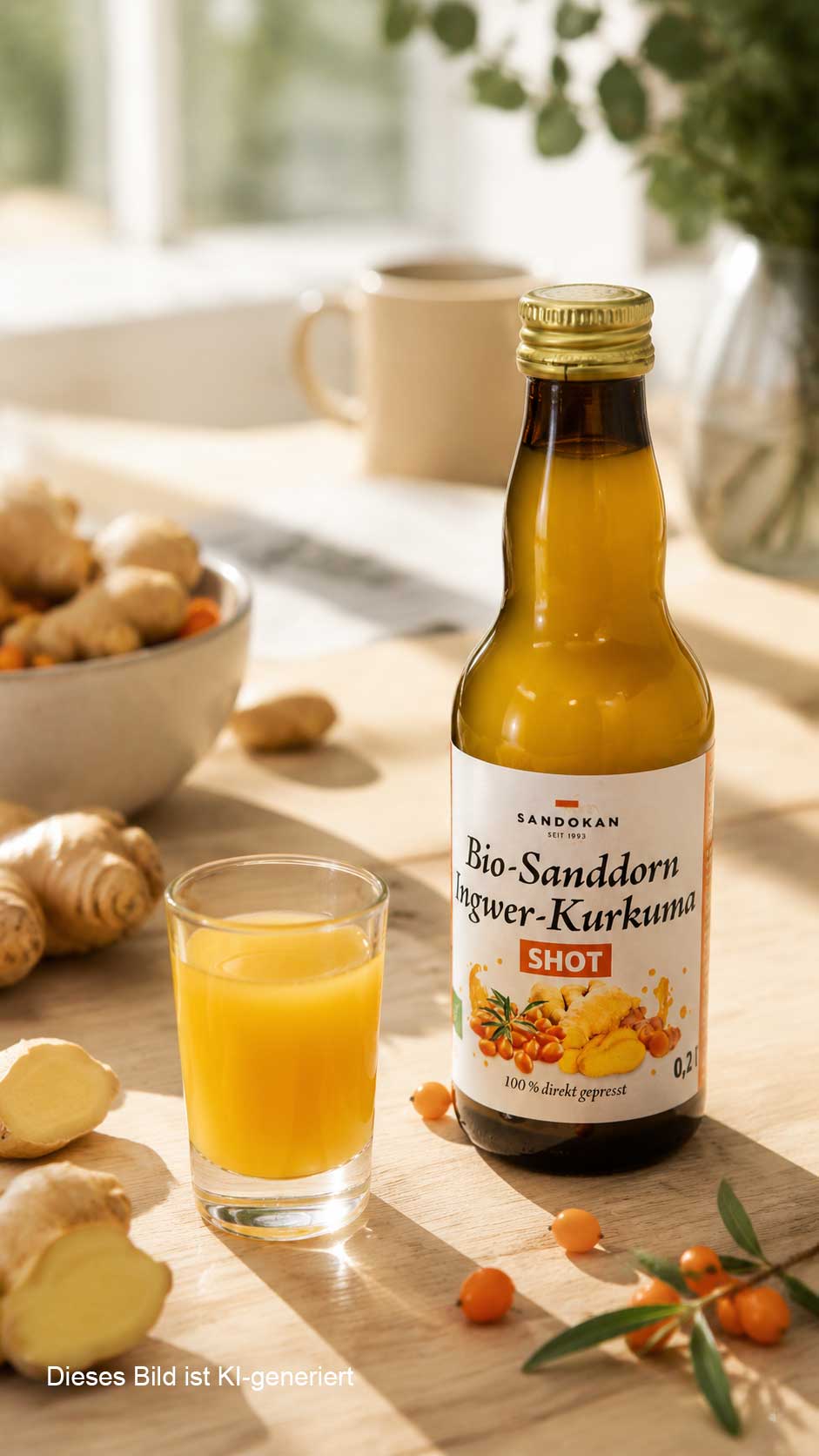 Frühstückstisch mit BIO-Sanddorn-Ingwer-Kurkuma-Shot